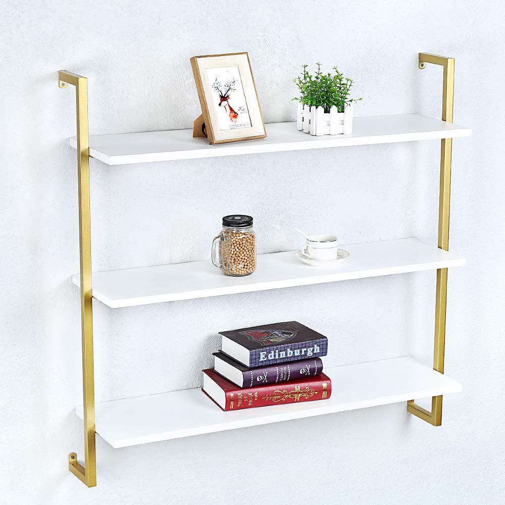 OLDRAINBOW Industrial Metal and Wood Wall Shelf,Floating Wood Shelves Wall Mounted,36in Iron Real Wood Book Shelves,Wall Shelves 3 Tier Bookshelf Shelving