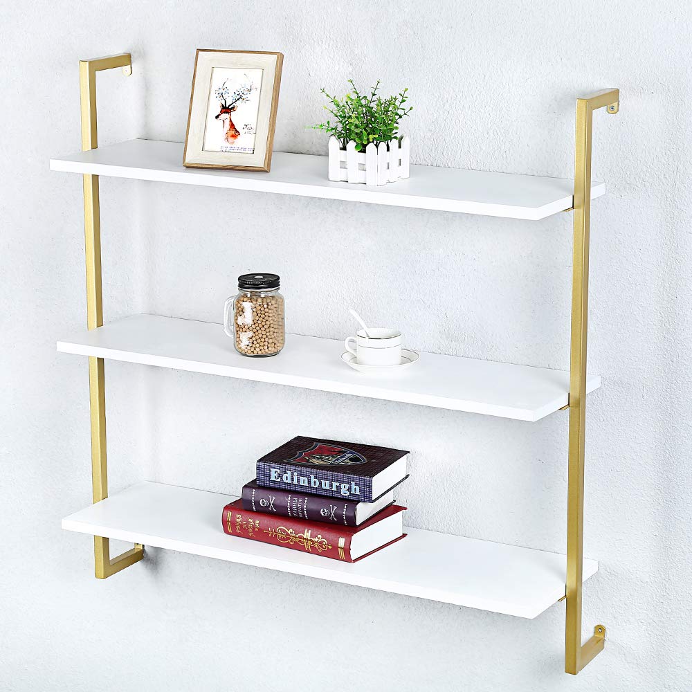 OLDRAINBOW Industrial Metal and Wood Wall Shelf,Floating Wood Shelves Wall Mounted,36in Iron Real Wood Book Shelves,Wall Shelves 3 Tier Bookshelf Shelving