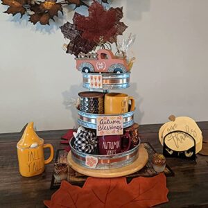 Cedilis Three Tiered Serving Stand, Rustic Metal Cupcake Stand, Galvanized Tiered Serving Tray for Dessert, Appetizers, Farmhouse Fruit Stand, Decorated for Fall