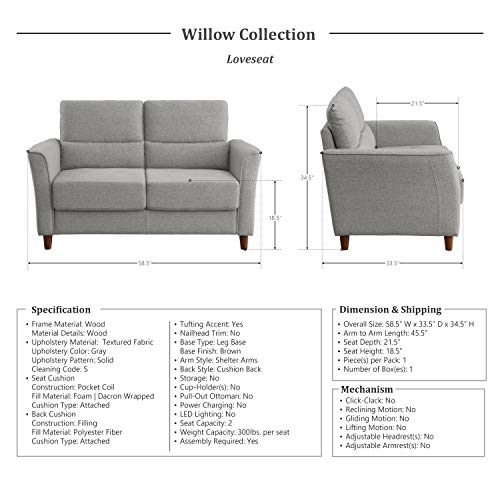 Lexicon Willow Living Room Loveseat, Gray