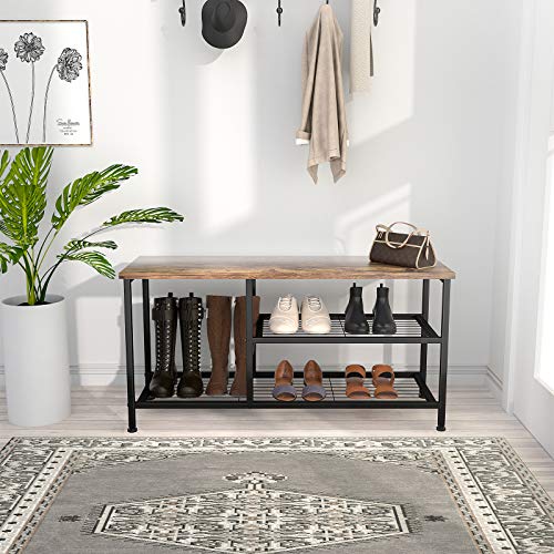 Karcog Shoe Rack Bench for Entryway with Boot Organizer, Industrial Bench with Shoe Storage Shelf, 3-Tier Small Rustic Shoe Rack for Small Spaces, Metal Shoe Rack with Wood Bench