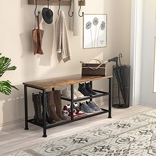 Karcog Shoe Rack Bench for Entryway with Boot Organizer, Industrial Bench with Shoe Storage Shelf, 3-Tier Small Rustic Shoe Rack for Small Spaces, Metal Shoe Rack with Wood Bench