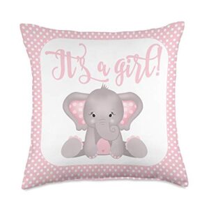 baby shower decorations for girl elephant theme gender reveal nursery room gift idea for girls throw pillow, 18x18, multicolor