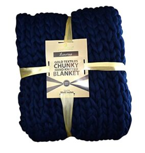 gold textiles chunky knit blanket ( 50 x 60 inches) warm soft cozy for lounge sofa & bedroom, handmade knitted yarn throw blanket (navy blue, 1)
