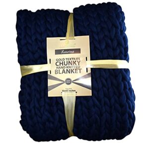 GOLD TEXTILES Chunky Knit Blanket ( 50 x 60 Inches) Warm Soft Cozy for Lounge Sofa & Bedroom, Handmade Knitted Yarn Throw Blanket (Navy Blue, 1)