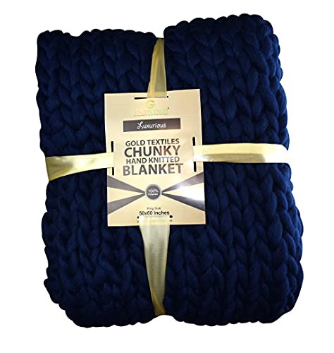 GOLD TEXTILES Chunky Knit Blanket ( 50 x 60 Inches) Warm Soft Cozy for Lounge Sofa & Bedroom, Handmade Knitted Yarn Throw Blanket (Navy Blue, 1)