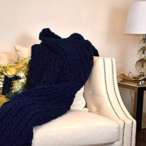 GOLD TEXTILES Chunky Knit Blanket ( 50 x 60 Inches) Warm Soft Cozy for Lounge Sofa & Bedroom, Handmade Knitted Yarn Throw Blanket (Navy Blue, 1)