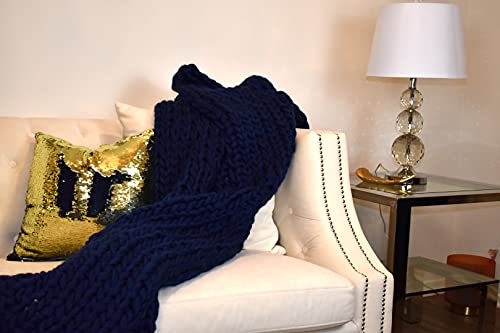 GOLD TEXTILES Chunky Knit Blanket ( 50 x 60 Inches) Warm Soft Cozy for Lounge Sofa & Bedroom, Handmade Knitted Yarn Throw Blanket (Navy Blue, 1)