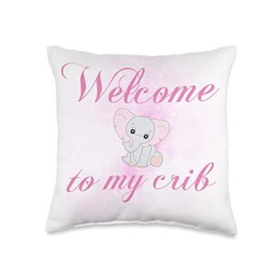 girl's crib decorative pillows elephant theme pink welcome to my crib i cute rose grey white baby shower gift throw pillow, 16x16, multicolor