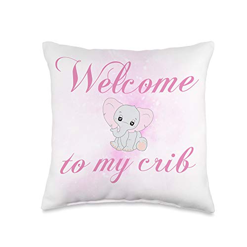 Girl's Crib Decorative Pillows Elephant Theme Pink Welcome to My Crib I Cute Rose Grey White Baby Shower Gift Throw Pillow, 16x16, Multicolor