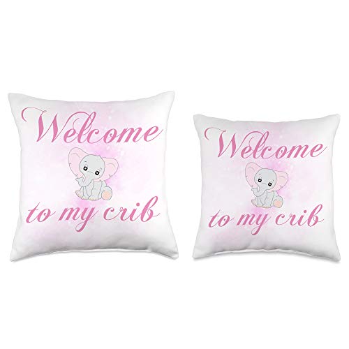 Girl's Crib Decorative Pillows Elephant Theme Pink Welcome to My Crib I Cute Rose Grey White Baby Shower Gift Throw Pillow, 16x16, Multicolor