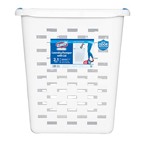 Clorox Plastic Laundry Baskets with Odor Protection, 2 Pack | Heavy Duty Hamper with Odor Control | Tall Rectangular Clothing Storage with Handles, Large (with lids) , white