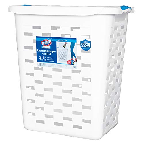 Clorox Plastic Laundry Baskets with Odor Protection, 2 Pack | Heavy Duty Hamper with Odor Control | Tall Rectangular Clothing Storage with Handles, Large (with lids) , white