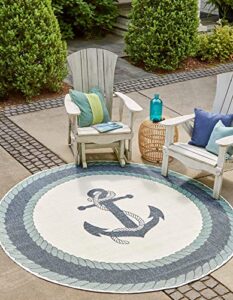 unique loom outdoor coastal collection area rug - anchor (4' 1" round, navy blue/ light blue)