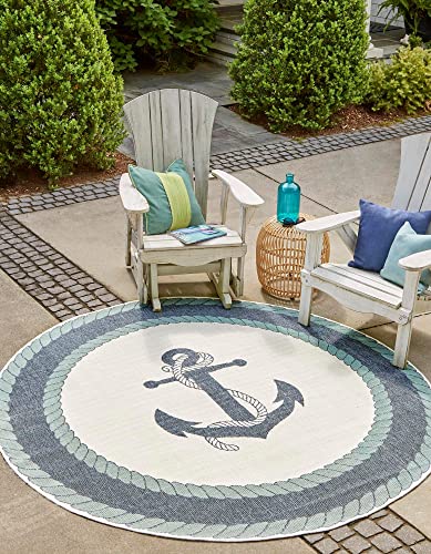 Unique Loom Outdoor Coastal Collection Area Rug - Anchor (4' 1" Round, Navy Blue/ Light Blue)