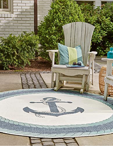 Unique Loom Outdoor Coastal Collection Area Rug - Anchor (4' 1" Round, Navy Blue/ Light Blue)