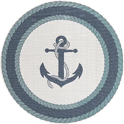 Unique Loom Outdoor Coastal Collection Area Rug - Anchor (4' 1" Round, Navy Blue/ Light Blue)