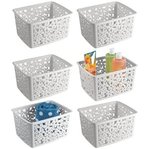 mdesign plastic bathroom storage basket bin for organizing hand soaps, body wash, shampoos, lotion, conditioners, hand towels, hair accessories, body spray - large, floral design, 6 pack, light gray