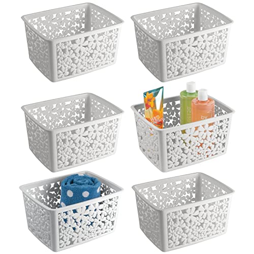 mDesign Plastic Bathroom Storage Basket Bin for Organizing Hand Soaps, Body Wash, Shampoos, Lotion, Conditioners, Hand Towels, Hair Accessories, Body Spray - Large, Floral Design, 6 Pack, Light Gray