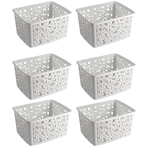 mDesign Plastic Bathroom Storage Basket Bin for Organizing Hand Soaps, Body Wash, Shampoos, Lotion, Conditioners, Hand Towels, Hair Accessories, Body Spray - Large, Floral Design, 6 Pack, Light Gray