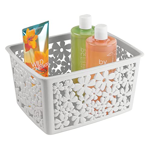 mDesign Plastic Bathroom Storage Basket Bin for Organizing Hand Soaps, Body Wash, Shampoos, Lotion, Conditioners, Hand Towels, Hair Accessories, Body Spray - Large, Floral Design, 6 Pack, Light Gray