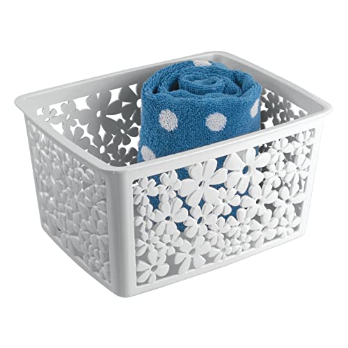 mDesign Plastic Bathroom Storage Basket Bin for Organizing Hand Soaps, Body Wash, Shampoos, Lotion, Conditioners, Hand Towels, Hair Accessories, Body Spray - Large, Floral Design, 6 Pack, Light Gray