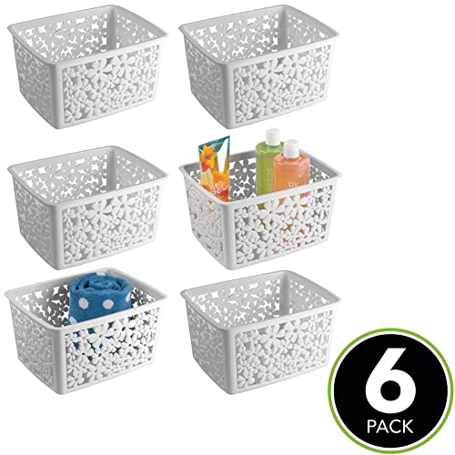 mDesign Plastic Bathroom Storage Basket Bin for Organizing Hand Soaps, Body Wash, Shampoos, Lotion, Conditioners, Hand Towels, Hair Accessories, Body Spray - Large, Floral Design, 6 Pack, Light Gray