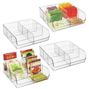 mdesign plastic food storage wide bin organizer with 6 compartments for kitchen cabinet, pantry, shelf, drawer, fridge, freezer organization - holds snack bars - ligne collection - 4 pack - clear