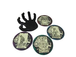 world of wonders drink to good fortune decorative gothic palm holder with tarot card drink coasters (5 piece set) | coffee table and witch decor for your home - 5"