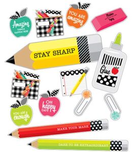 schoolgirl style black, white and stylish supplies bulletin board set?notepad, pencils, pencil pouches, apple, paper clips, scissors, eraser, glue cutouts (23 pc)