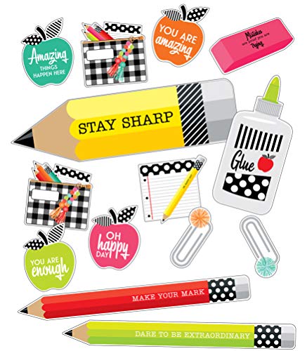 Schoolgirl Style Black, White and Stylish Supplies Bulletin Board Set?Notepad, Pencils, Pencil Pouches, Apple, Paper Clips, Scissors, Eraser, Glue Cutouts (23 pc)