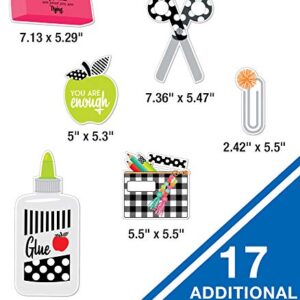 Schoolgirl Style Black, White and Stylish Supplies Bulletin Board Set?Notepad, Pencils, Pencil Pouches, Apple, Paper Clips, Scissors, Eraser, Glue Cutouts (23 pc)