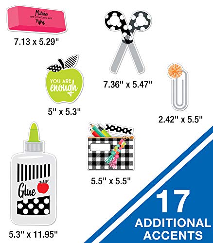 Schoolgirl Style Black, White and Stylish Supplies Bulletin Board Set?Notepad, Pencils, Pencil Pouches, Apple, Paper Clips, Scissors, Eraser, Glue Cutouts (23 pc)