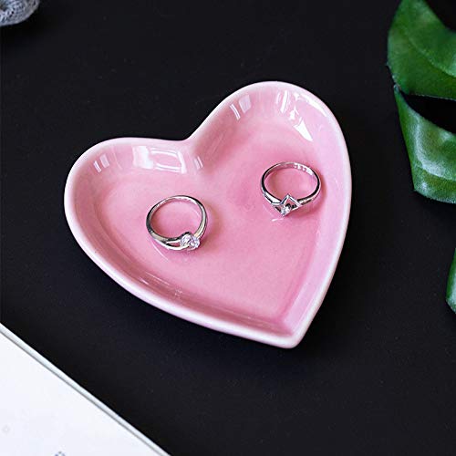 Meeshine Ceramic Jewelry Tray for Women Girls, Heart Shaped Jewelry Plate Ring Dish, Pink Trinket for Birthday Friends Daily Family(Pink)