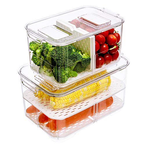 Slideep Food Storage Containers, Lettuce Keeper Stackable Fridge Produce Saver with Lids, Removable Drain Tray Drawers Refrigerator Produce Keeper for Veggie, Berry, Fruits, Vegetables -2 Pack