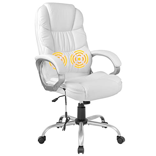 Home Ergonomic Office Chair Massage Comfortable Desk Chair Rolling Swivel Computer Chair with Lumbar Support Headrest Armrest High Back Task Chair PU Leather Executive Chair for Men Adults(White)