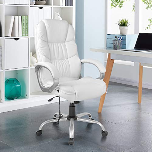 Home Ergonomic Office Chair Massage Comfortable Desk Chair Rolling Swivel Computer Chair with Lumbar Support Headrest Armrest High Back Task Chair PU Leather Executive Chair for Men Adults(White)