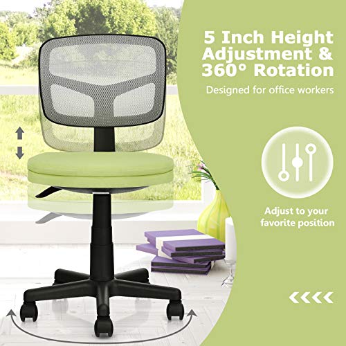 Giantex Armless Desk Chair, Low-Back Computer Chair Ergonomic Small Task Chair with Adjustable Height, Y-Shaped Support for Adults Teens Kids, 360° Swivel Office Chair (Green)