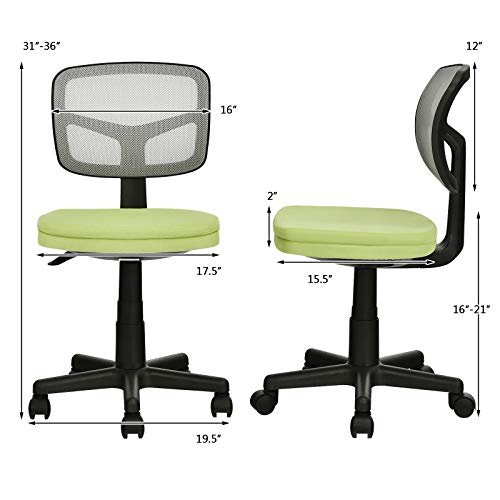 Giantex Armless Desk Chair, Low-Back Computer Chair Ergonomic Small Task Chair with Adjustable Height, Y-Shaped Support for Adults Teens Kids, 360° Swivel Office Chair (Green)