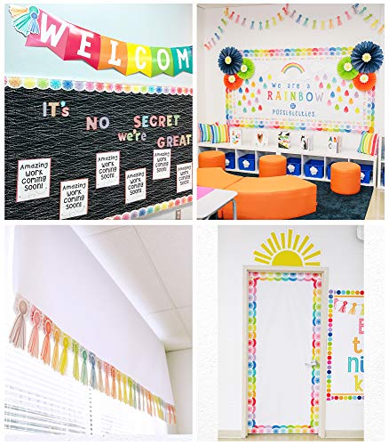 Schoolgirl Style Hello Sunshine Pom Rainbow Bulletin Board Borders, 39 Feet of Scalloped Pom Classroom Borders for Bulletin Board, White Board, Cork Board, Locker Decor, Desk Decor and Classroom Decor