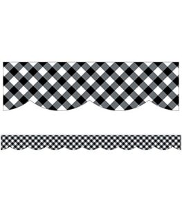 schoolgirl style black and white gingham bulletin board borders, woodland whimsy classroom decorations, 39 feet