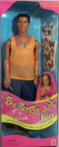 1998 - mattel - friends of barbie - butterfly art ken doll - 12 inches tall - 2 sheets of decorations - includes jeans shorts / sunglasses / tank top / necklace - new - out of production - limited edition - collectible