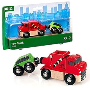 brio world 33528 - trusty tow truck - wooden toy train accessory for kids ages 3 and up