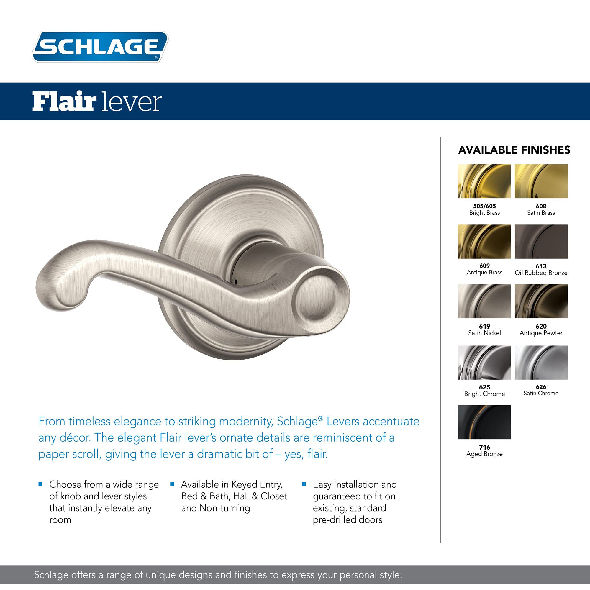 Schlage F170 FLA 605 RH Right Handed Flair Door Lever, One Sided Non-Turning Dummy Door Handle, Bright Brass