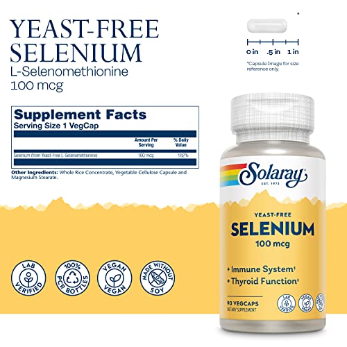 Solaray Yeast Free Selenium 100mcg, Healthy Immune & Thyroid Function Support, Enhanced Absorption, 90 Serv, 90 VegCaps