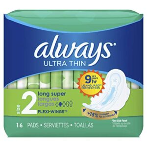 always ultra thin long/super with wings unscented pads, white, 16 count