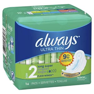 Always Ultra Thin Long/Super With Wings Unscented Pads, White, 16 Count