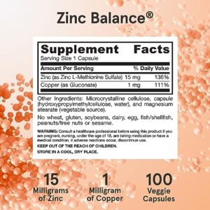 Jarrow Formulas Zinc Balance 15 mg - 100 Servings (Veggie Caps) - Includes Copper - Essential Mineral for Immune System Support - Immune Support Supplement - Gluten Free Zinc Copper Supplement - Vegan