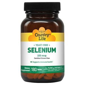 country life selenium, yeast free, supports immune health, 100mcg, 180 tablets, certified gluten free, certified vegan, certified halal