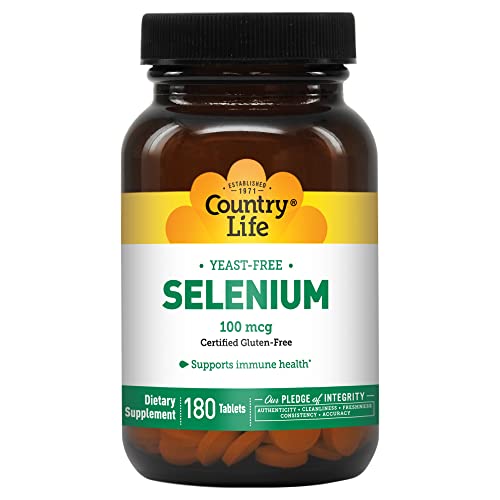 Country Life Selenium, Yeast Free, Supports Immune Health, 100mcg, 180 Tablets, Certified Gluten Free, Certified Vegan, Certified Halal